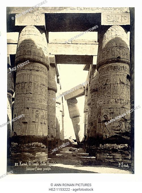 Hypostyle hall, temple of Amun-Re, Karnak, Egypt, 1878. Carved and decorated pillars at the temple of Amun-Re at Karnak (Thebes)