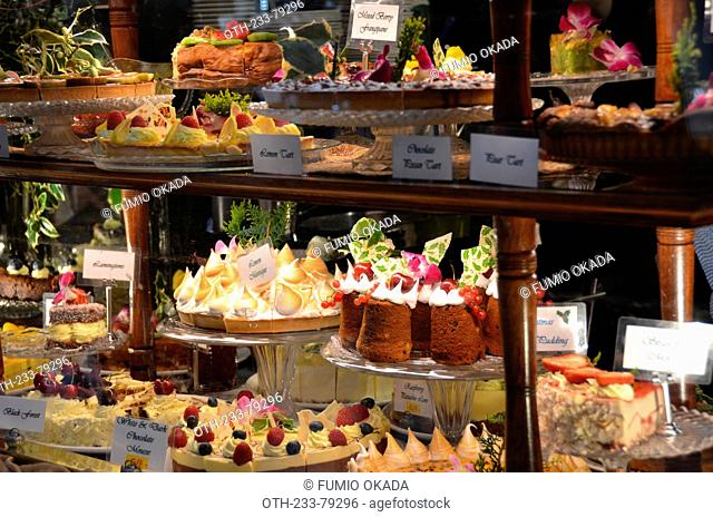 Cakes displayed in Hopetoun tearooms at The Block Arcade, a decent and iconic retail precinct at downtown Melbourne since 1892, city centre of Melbourne
