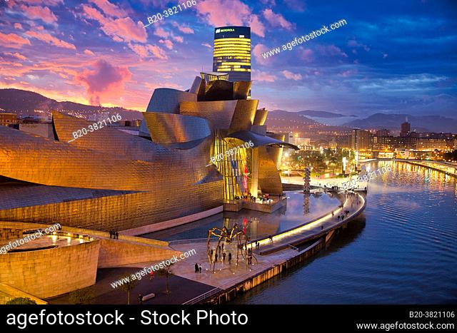 Nervion river, Guggenheim museum and Iberdrola tower, Bilbao, Bizkaia, Basque Country, Spain, Europe