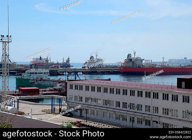 Novorossiysk, Russia - May 20, 2018: Industrial seaport of the city of Novorossiysk, industrial zone