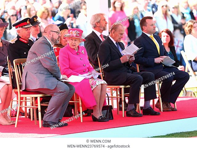 The Queen, accompanied by The Duke of Edinburgh, officially opens the new Bandstand at Alexandra Gardens, Windsor, one day before her 90th birthday Featuring:...