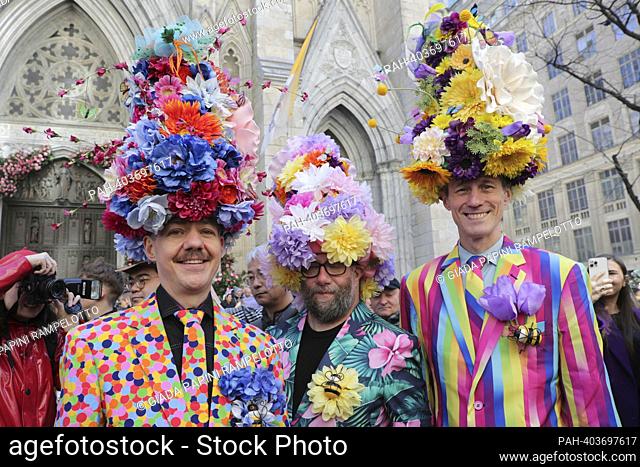 Fifth Avenue, New York, USA, April 09, 2023 - Fifth Avenue fills with colorful costumed and elaborately hats celebrants for the annual Easter Parade and Bonnet...