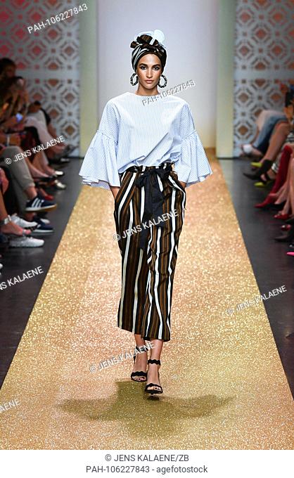 03.07.2018, Berlin: Talia Graf presents fashion at the Marc Cain Show ""Le Riad"" during Fashion Week. Until 07.07.2018, fashion collections will be shown in...