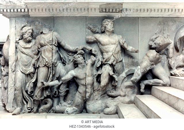 Detail from the Great Frieze of the Pergamon Altar, 180-159 BC. The 113 metre long Ancient Greek frieze depicts the 'gigantomachy'
