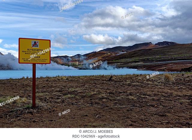danger sign, geothermal heated lake, near Myvatn, North Iceland, Iceland, Europe