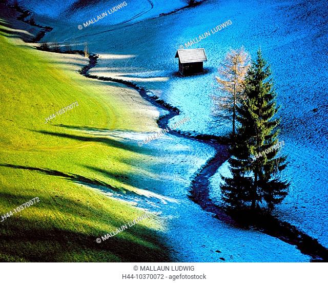 10370072, winter, scenery, mood, brook, hut, firs, slope, inclination, meadow, snow, blue filter, Austria, Europe, Tyrol, near T