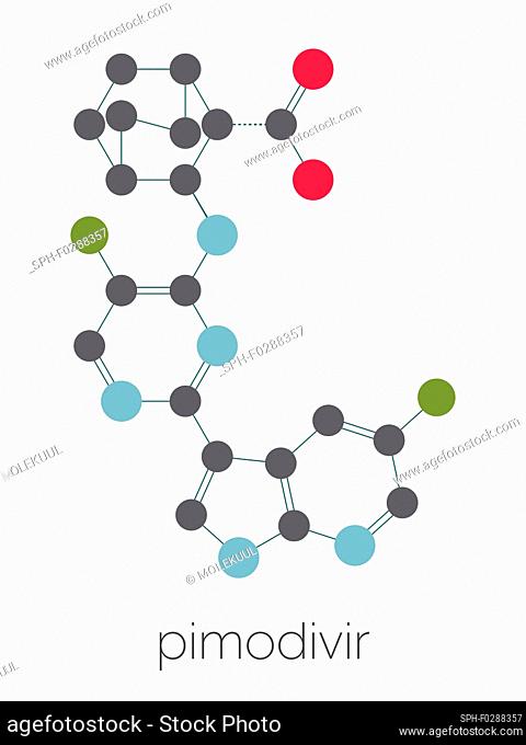 Pimodivir influenza drug molecule. Stylized skeletal formula (chemical structure): Atoms are shown as color-coded circles connected by thin bonds