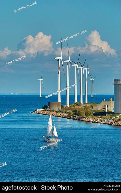 COPENHAGEN, DENMARK - SEPTEMBER 16, 2017: Offshore wind turbines park in Copenhagen - Wind is an highly-available resource in northern Europe