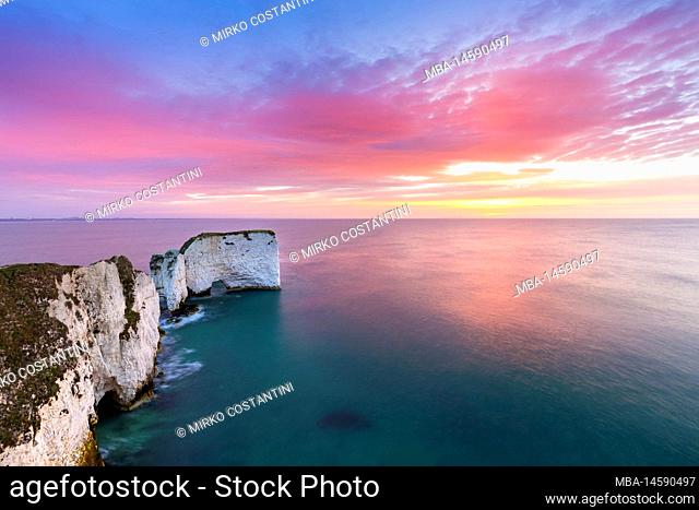Sunrise at Old Harry Rocks. Handfast Point, Isle of Purbeck, Jurassic Coast, Dorset, England, United Kingdom