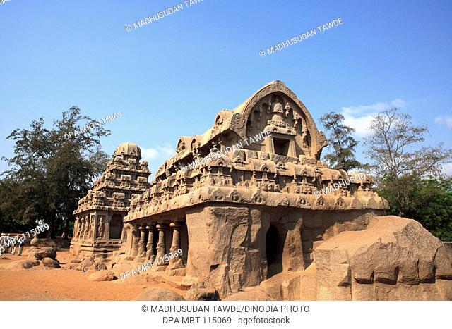 Pancha Rathas in front Bhima Ratha and background of Dharmaraja Ratha carved during the reign of King Mamalla (Narasimhavarman I ; c