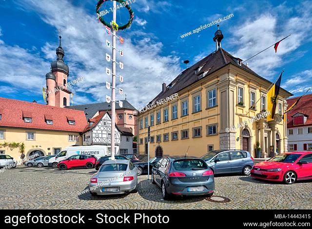 Town hall, church tower, maypole, marketplace, house facade, town view, Eibelstadt, Franconia, Germany, Europe