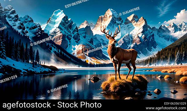 Illustration of deer in nature. Forest, lake, sky. AI generated image