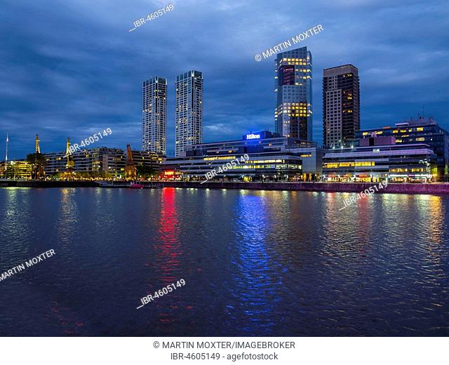 High-rise buildings at the south dock on the river Río de la Plata, twilight, Puerto Madero, Buenos Aires, Argentina