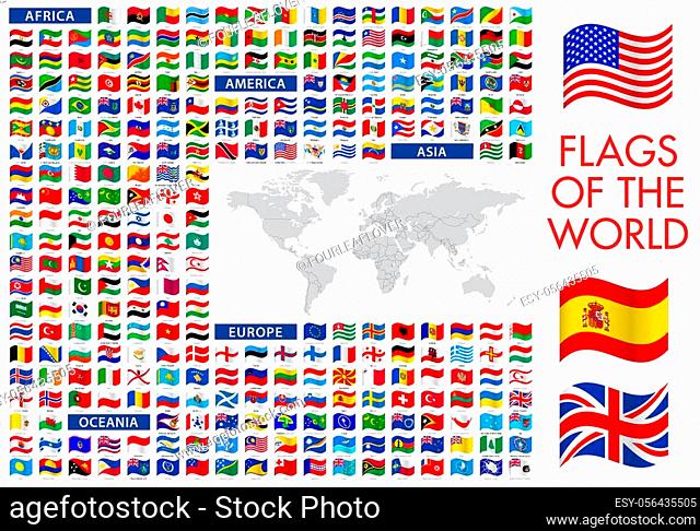 World flags vector icon illustrations with detailed world map