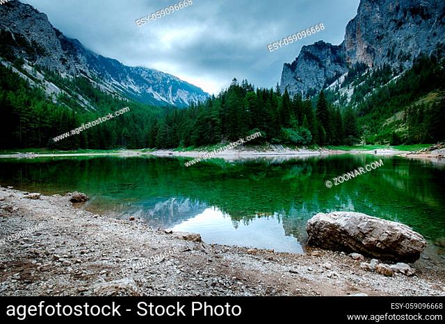 Landscape with mountains and turquoise lake-Gruener See, Styria, Austria in summer