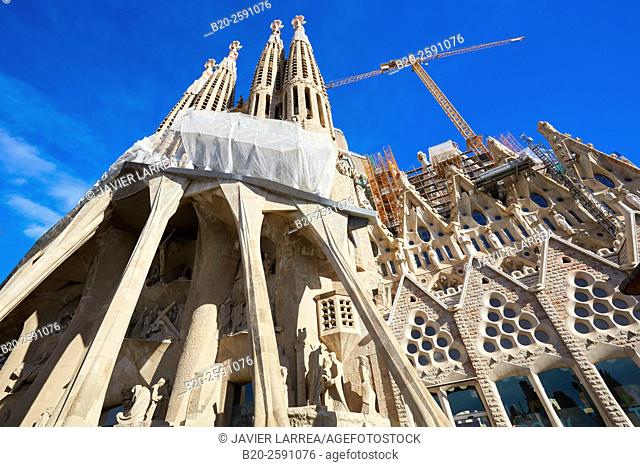 La Sagrada Familia Church. Designed by the architect Antoni Gaudí. Eixample district, Barcelona, Catalonia, Spain