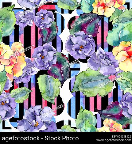 Purple and orange gardania flower. Floral botanical flower. Seamless background pattern. Fabric wallpaper print texture. Aquarelle wildflower for background