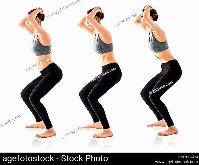 Sporty beautiful young woman practicing Uddiyana Bandha technique isolated on white