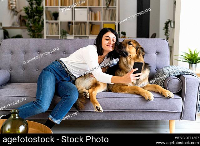 Smiling young woman taking selfie with dog in living room