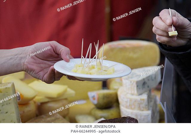 Different kinds of cheeses from the Uckermark region are offered during the Berlin Cheese Days in the Arminius Market Hall in Berlin, Germany, 28 February 2016