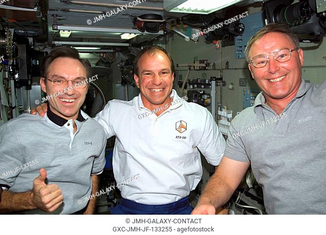 Astronauts Carl E. Walz (left), Expedition Four flight engineer, Michael J. Bloomfield and Jerry L. Ross, STS-110 mission commander and mission specialist