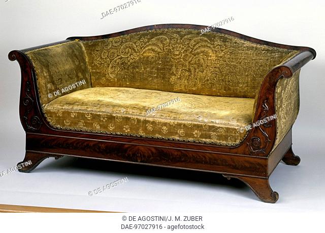 Restoration style of solid mahogany canape (elegant sofa). France, beginning of 19th century.  Private Collection