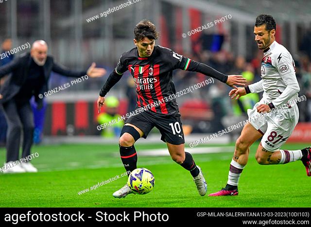 Milano, Italy. 13th, March 2023. Brahim Diaz (10) of AC Milan and Antonio Candreva (87) of Salernitana seen in the Serie A match between AC Milan and...