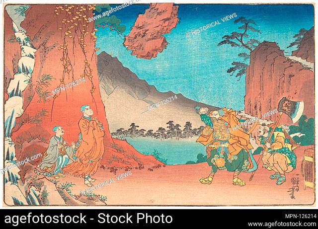 Life of Nichiren: Rock Suspended by the Power of Prayer. Artist: Utagawa Kuniyoshi (Japanese, 1797-1861); Period: Edo period (1615-1868); Date: ca