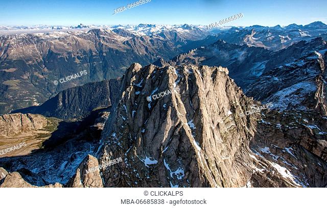 Aerial view of Piz Badile located between Masino and Val Bregaglia borders Italy Switzerland Europe