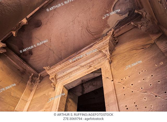 Detail of the portico to the entrance of The Treasury (Al Khazneh). Petra, UNESCO World Heritage Site, Jordan