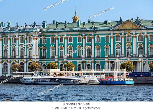 Russia, Saint Petersburg, listed as World Heritage by UNESCO, Tour Boat on Neva river at the winter palace