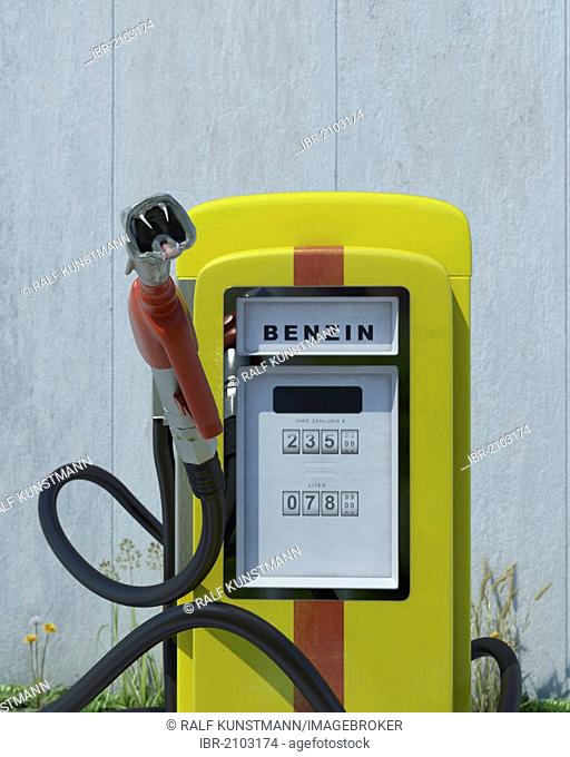Petrol pump labelled with Benzin, German for petrol, with the nozzle in the form of a serpent's head, symbolic image
