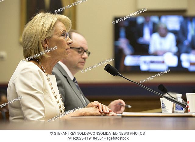 United States Secretary of Education Betsy Devos testifies on her department's fiscal year 2020 budget before the US House Committee on Education and Labor on...