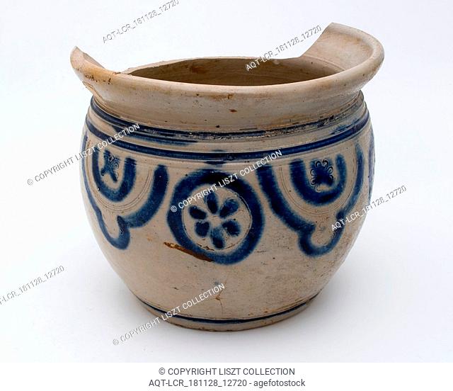 Stoneware ease of use or chamber pot with ear, two blue piping, stamped rosettes, pot holder sanitary soil find ceramic stoneware glaze salt glaze