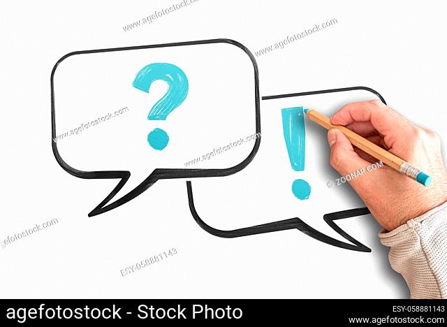 questions and answers concept with top view of hand drawing question mark and exclamation point in speech bubbles