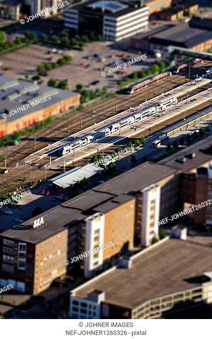 Aerial view of railroad track and buildings