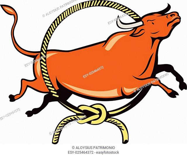 Illustration of a texas longhorn red bull jumping over lasso rope circle viewed from side set on isolated white background done in cartoon style