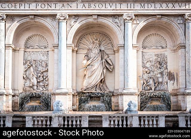 Roman public fountain called Fontana dell'Acqua Felice in the heart of the city of Rome Italy