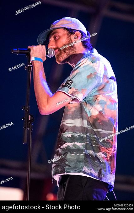 Italian rapper, songwriter and graphic artist Corrado Grilli aka Mecna performs on the stage of the Carroponte in Milan for the first date in the city of his...