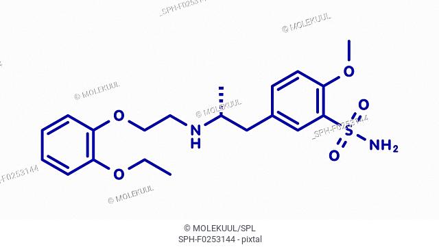 Tamsulosin benign prostatic hyperplasia (BPH) drug molecule. Blue skeletal formula on white background