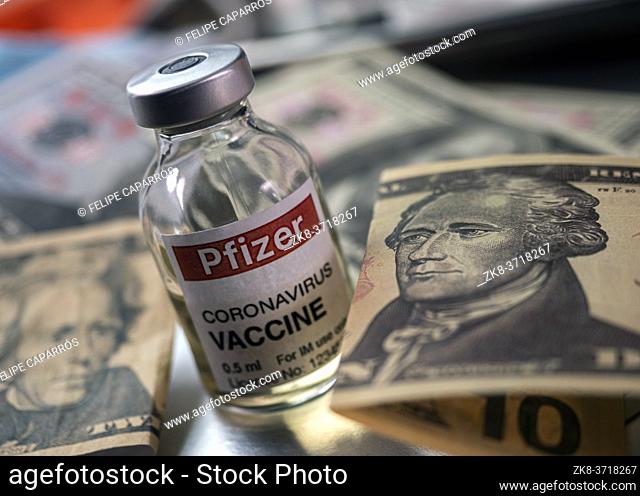 Covid-19 coronavirus vaccine for vaccination plan together with banknotes, conceptual image, recreation experimental treatment fictitious