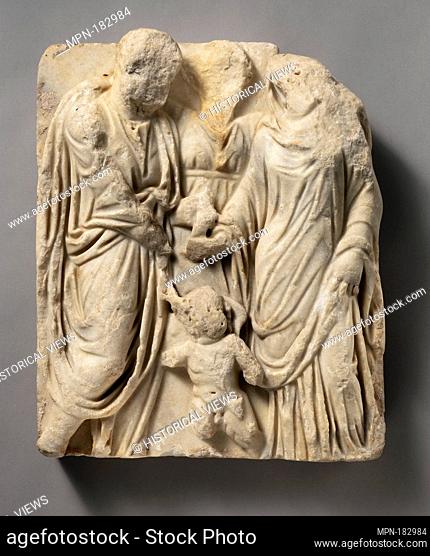 Marble sarcophagus fragment: marriage scene. Period: Mid-Imperial, Severan; Date: early 3rd century A.D; Culture: Roman; Medium: Marble; Dimensions: Overall: 19...