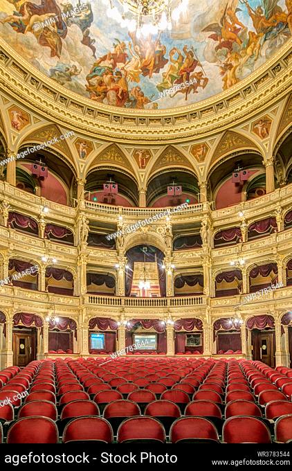 The Hungarian State Opera House, built in the 1880s, interior of the auditorium with galleries of private boxes and red tiered seats