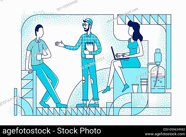 Colleagues at coffee break silhouette vector illustration. Creative studio designer communication outline characters on white background
