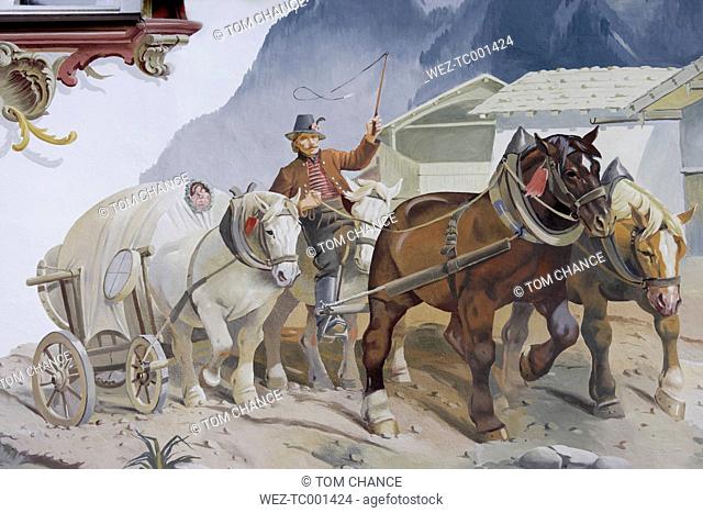 Europe, Germany, Upper Bavaria, Oberammergau, Merchant drawing horse cart