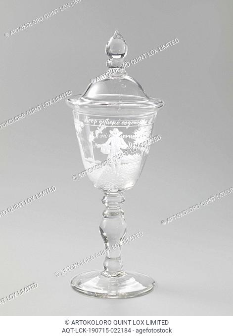 Jar with lid, with an eyeglass vendor, Arched foot. Baluster stem with three knots. Conical cup with rounded base. In the chalice a glasses vendor on a country...