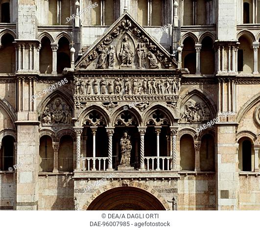Porch facade of St George the Martyr Basilica, Ferrara, Emilia-Romagna. Italy, 12th century