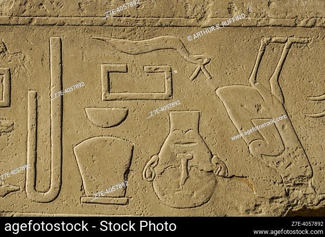 Detail of reliefs and hieroglyphics. Temple of Karnak. El-Karnak, Luxor Governorate, Egypt, Africa, Middle East