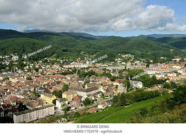 France, Haut Rhin, Guebwiller, Saint Leger church, NSC Schlumberger 1920 factory, Hugstein castle, the Vosges from the vineyard