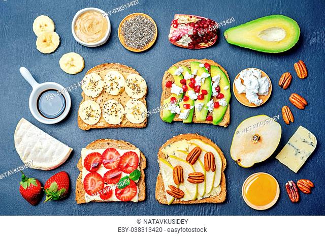 set healthy sandwiches with vegetables and fruits with the ingredients. toning. selective focus